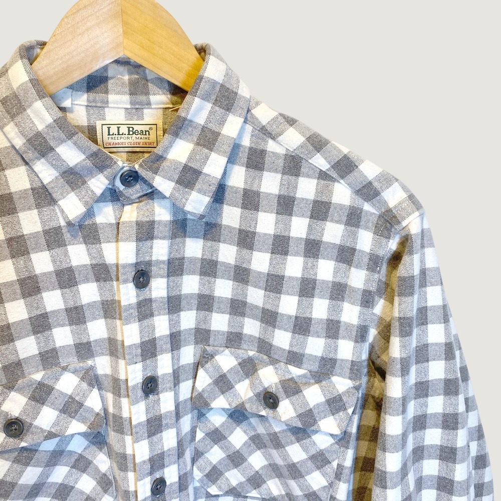 LL Bean Chamois Cloth Shirt Women 15.5 Grey White Gingham Excellent Made in USA